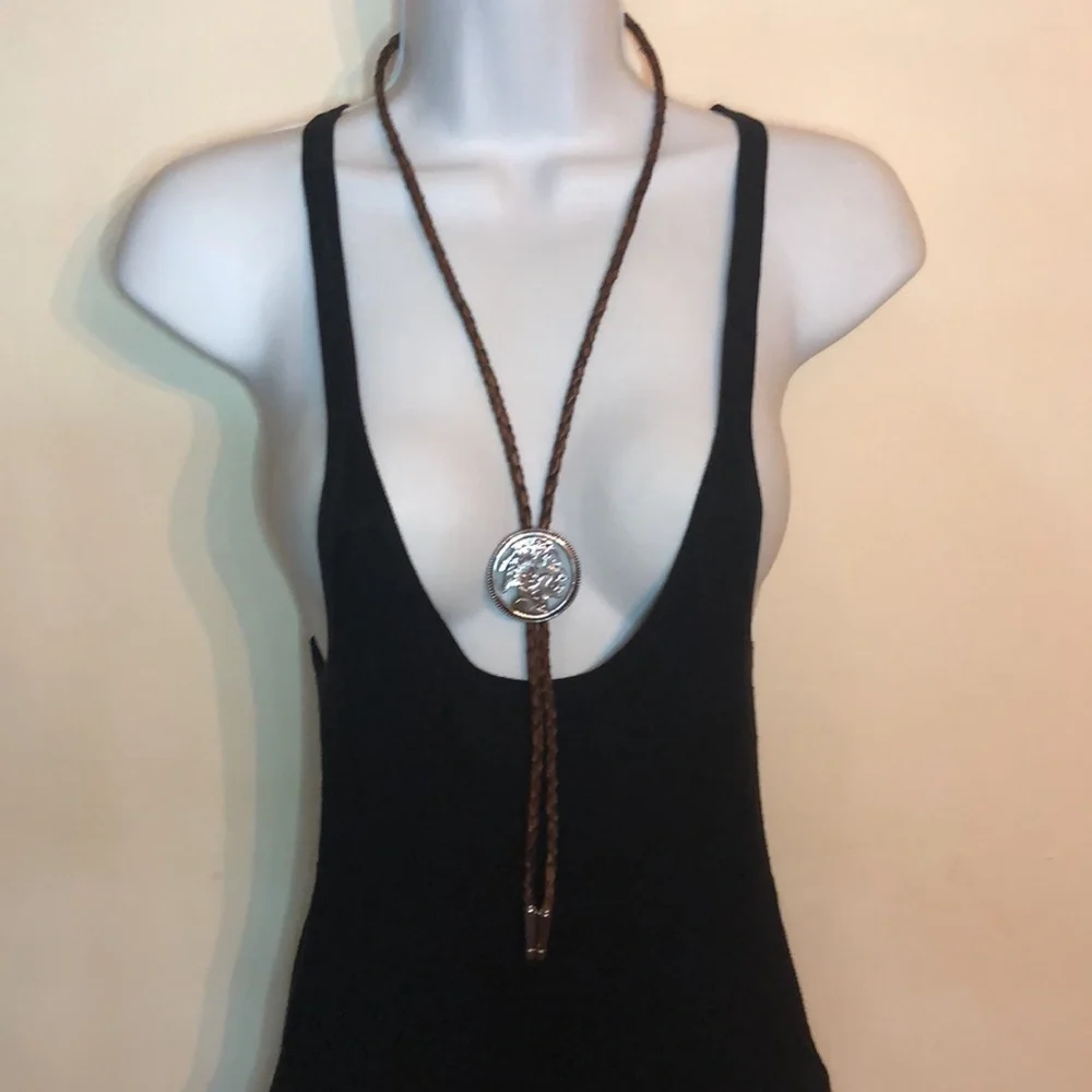 Vintage Native American Indian Chief Coin Like Leather Bolo Tie Necklace